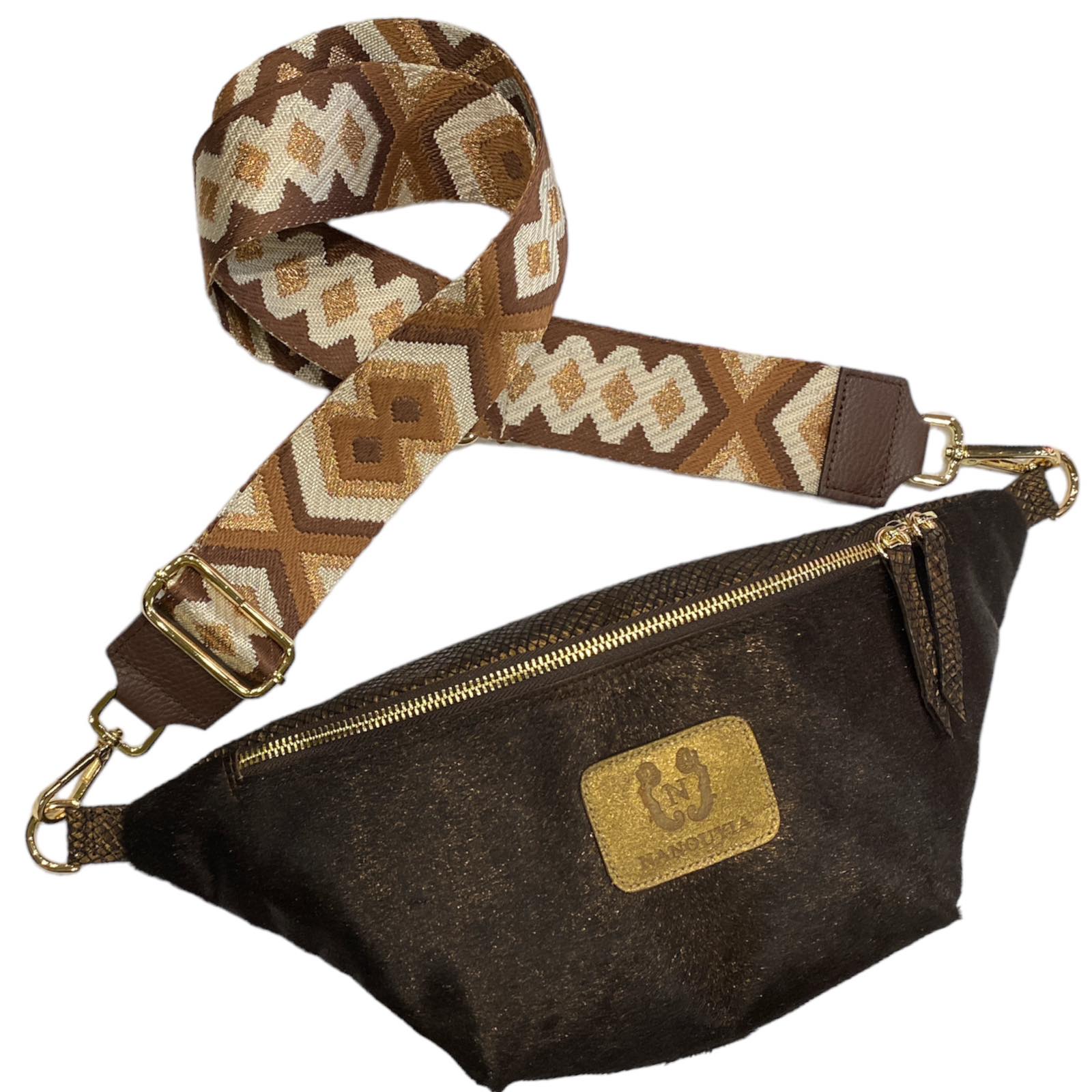 Brown sparkle calf-hair leather belt bag