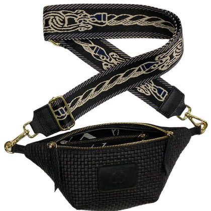 Mini black woven-print leather belt bag