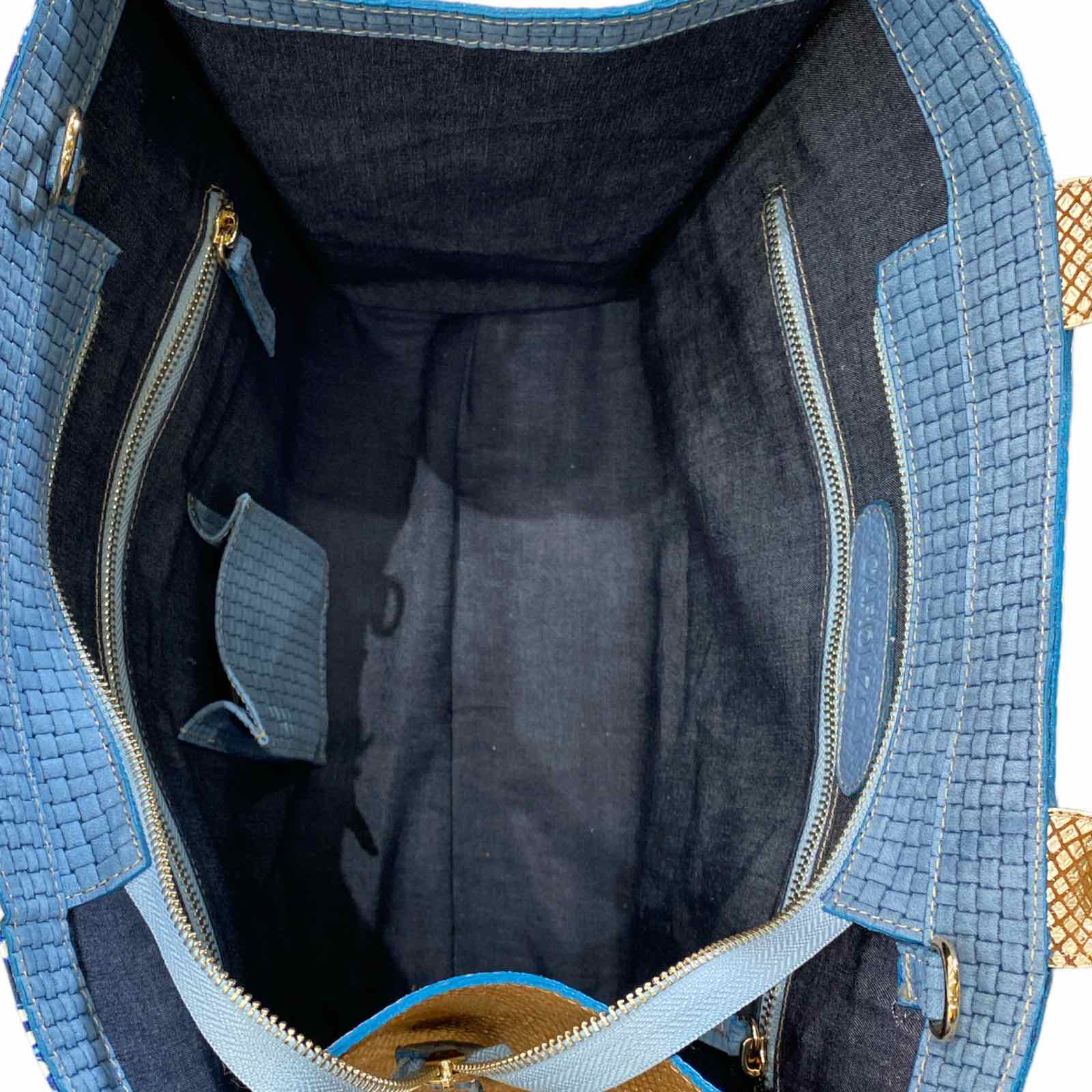 Felice. Blue art double face leather tote bag