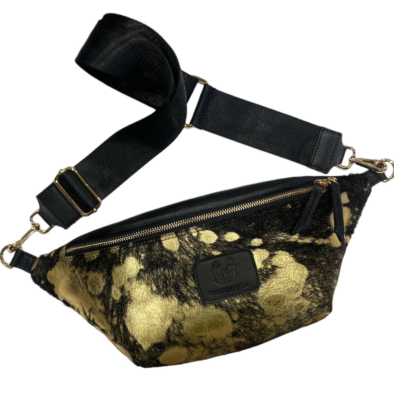 XL black and gold vintage calf-hair leather belt bag