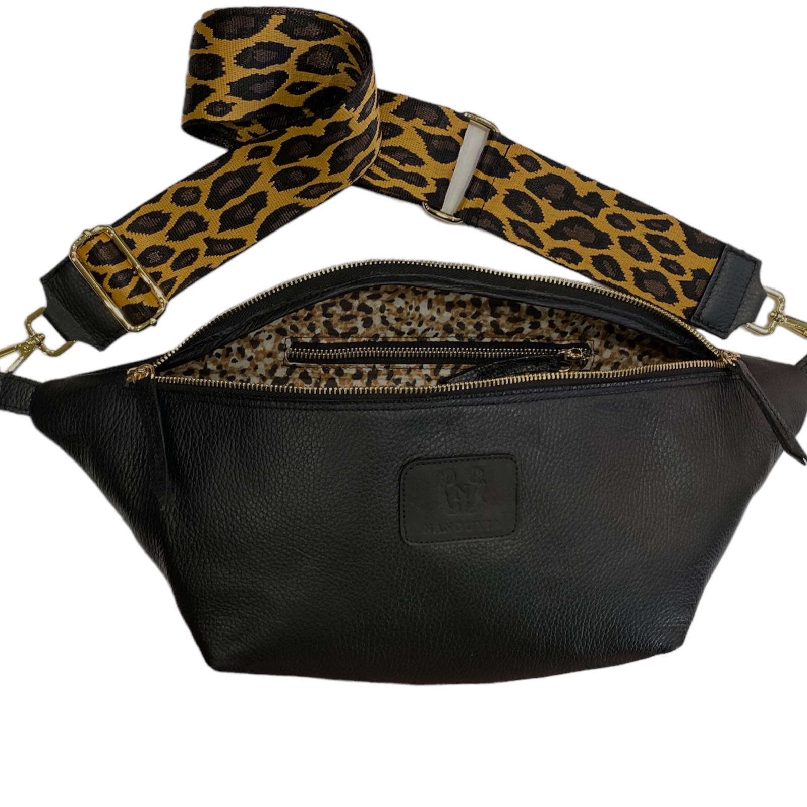 XXL black leather belt bag with taba strap