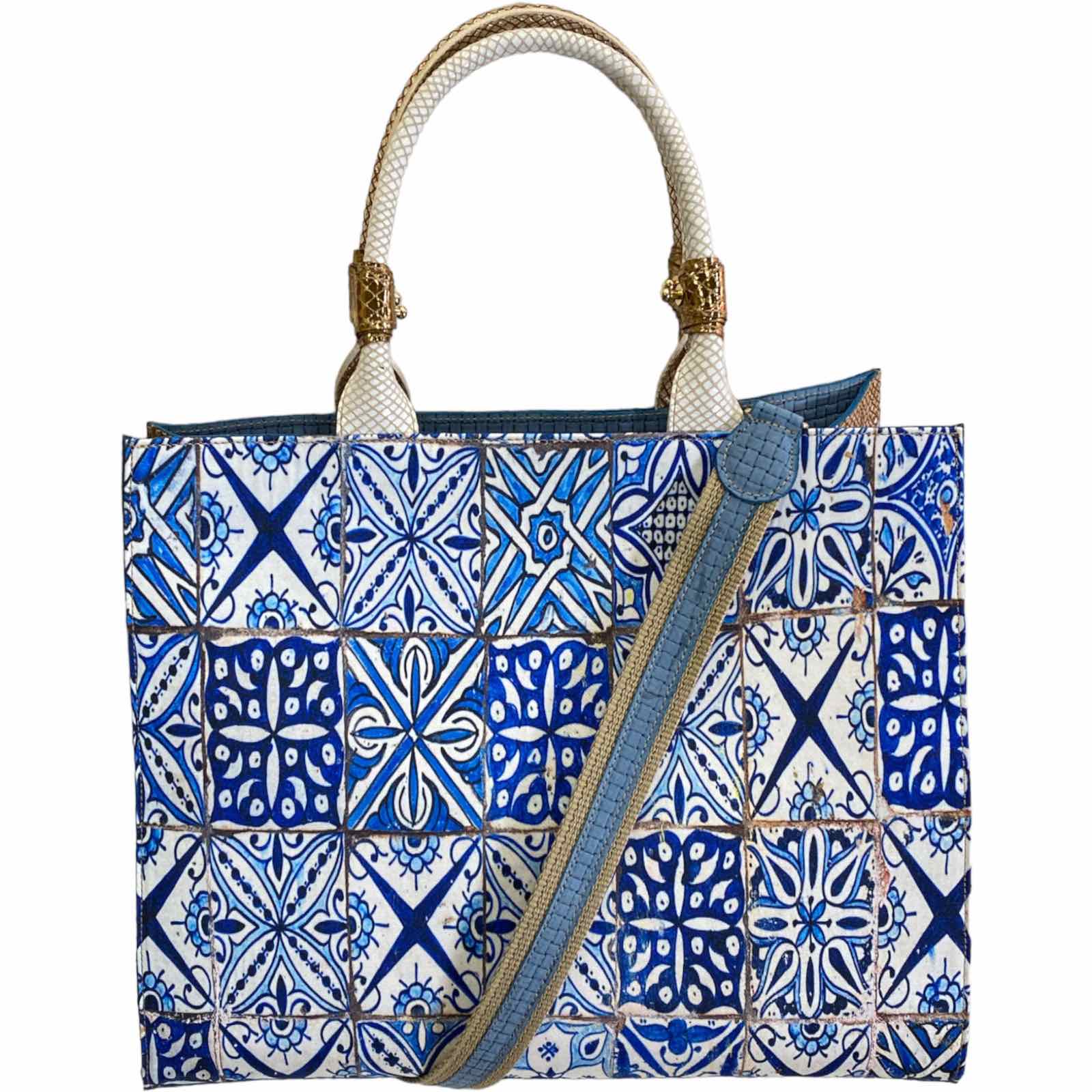 Felice. Blue art double face leather tote bag