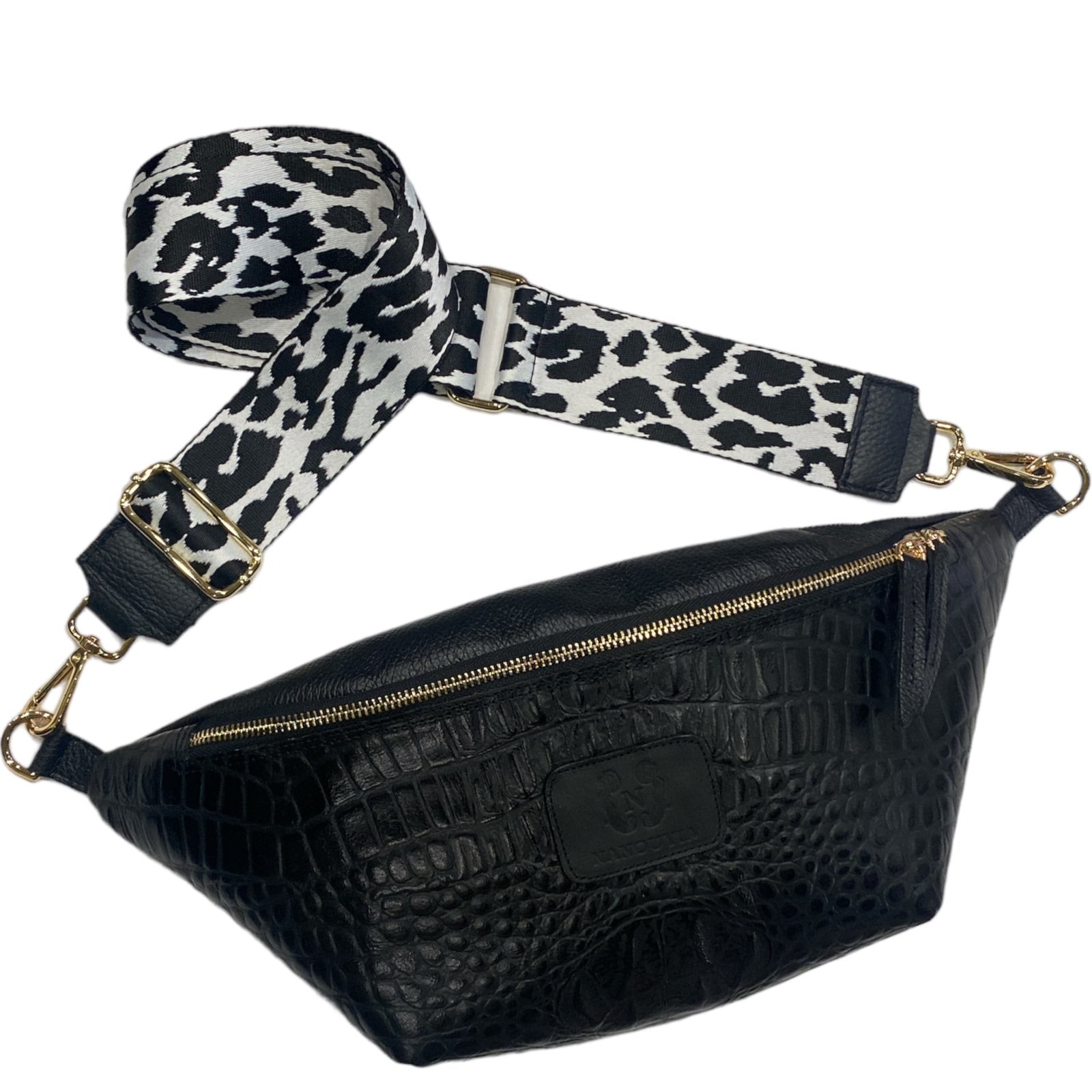 XL black alligator-print leather belt bag with animal-print strap