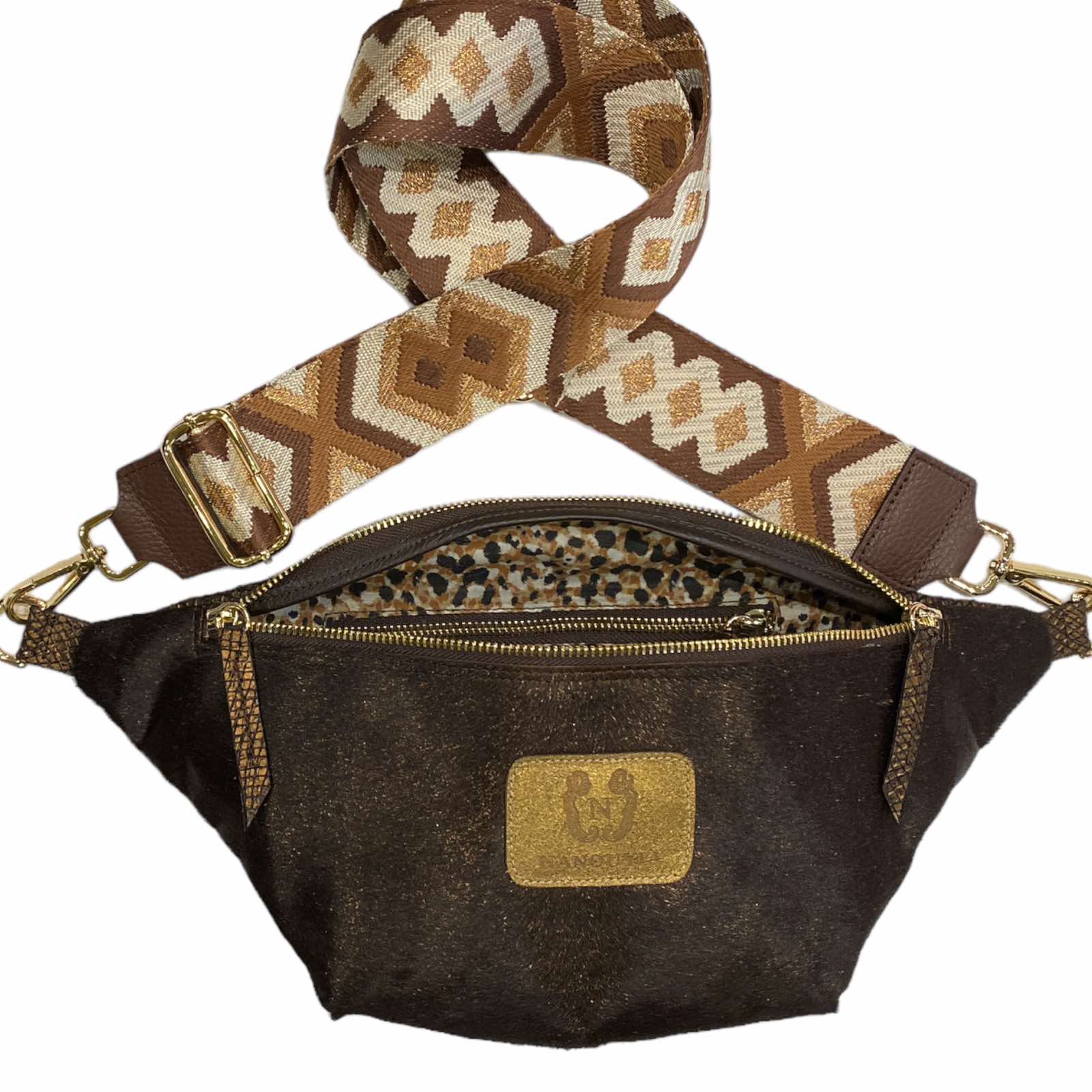 Brown sparkle calf-hair leather belt bag