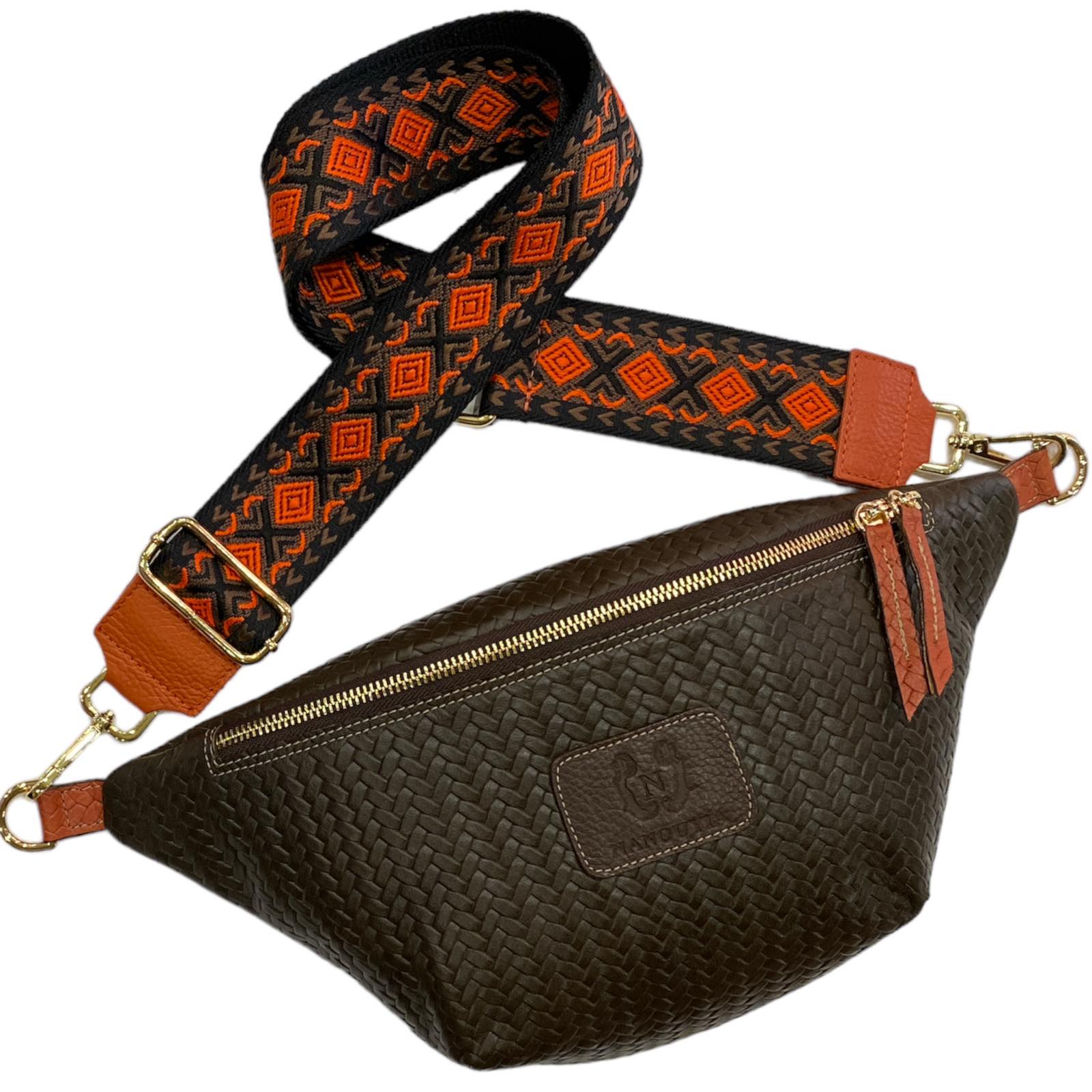 Brown leather belt bag with aperol details