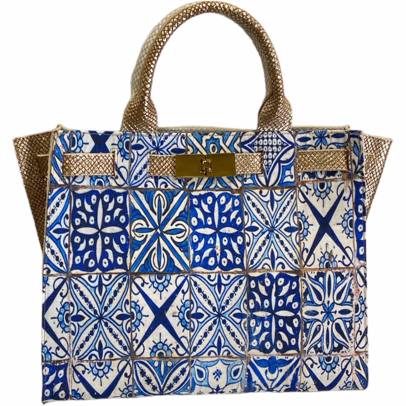Greta M. Blue art and white mermaid leather tote bag