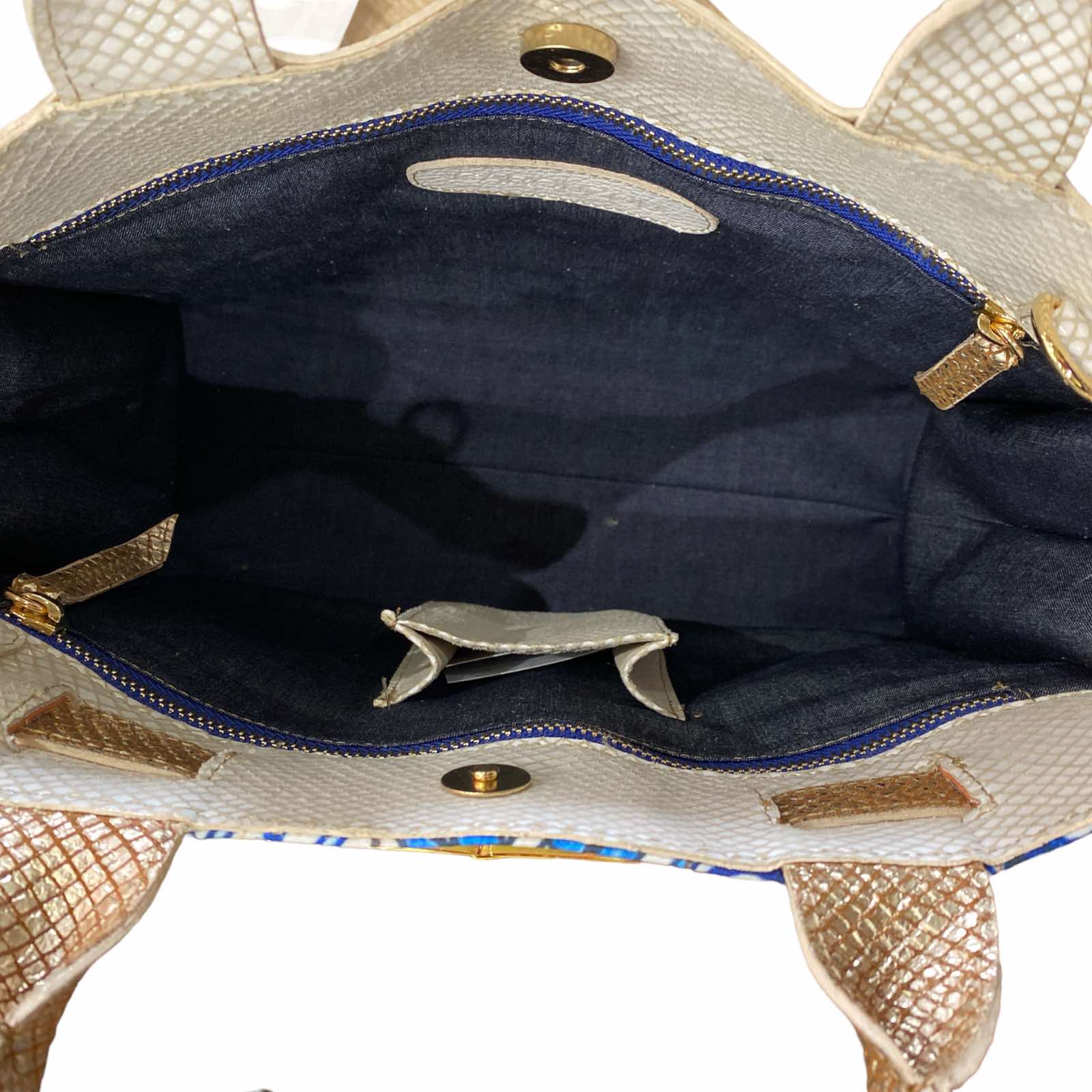 Greta M. Blue art and white mermaid leather tote bag