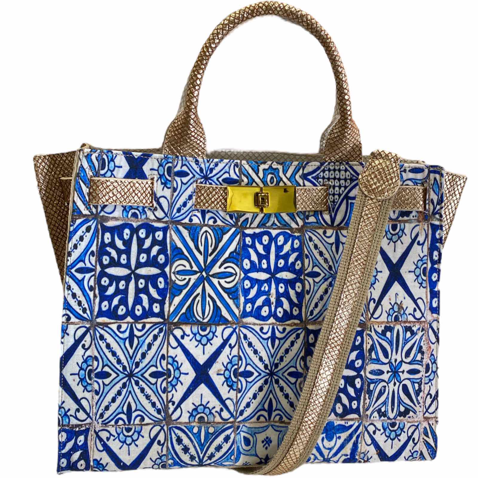 Greta M. Blue art and white mermaid leather tote bag