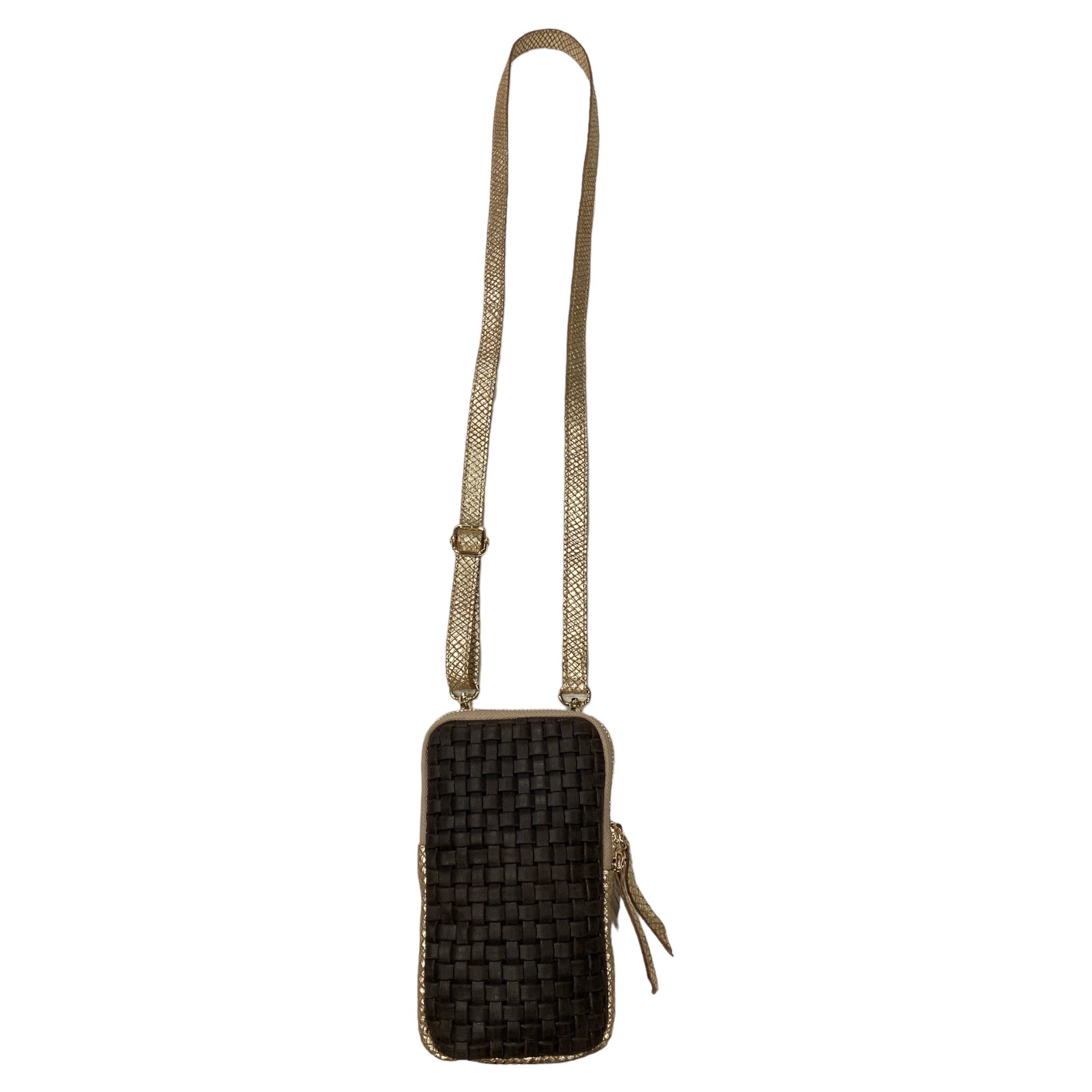 Brown woven-print and gold mobile leather case