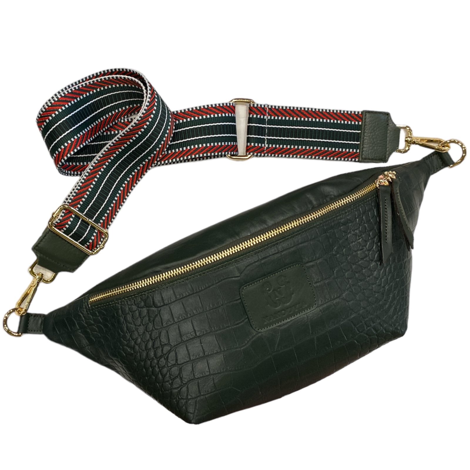 XL forest green croco-print leather belt bag
