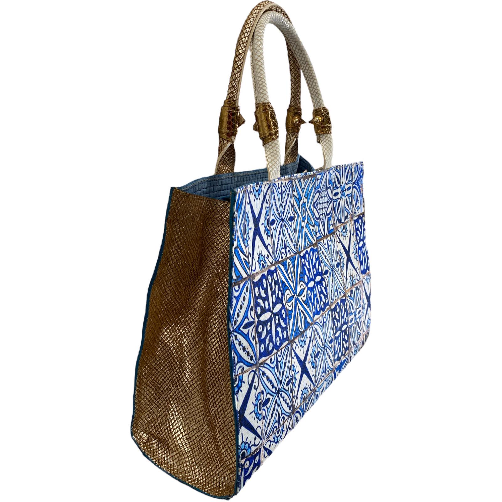 Felice. Blue art double face leather tote bag