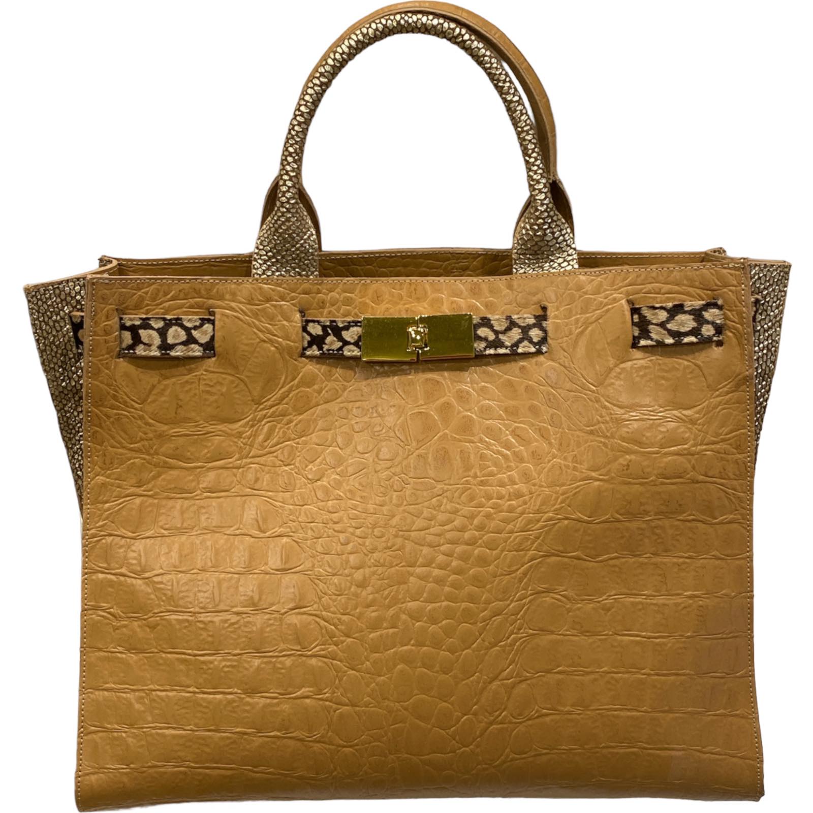 Greta L. Camel alligator-print leather tote bag