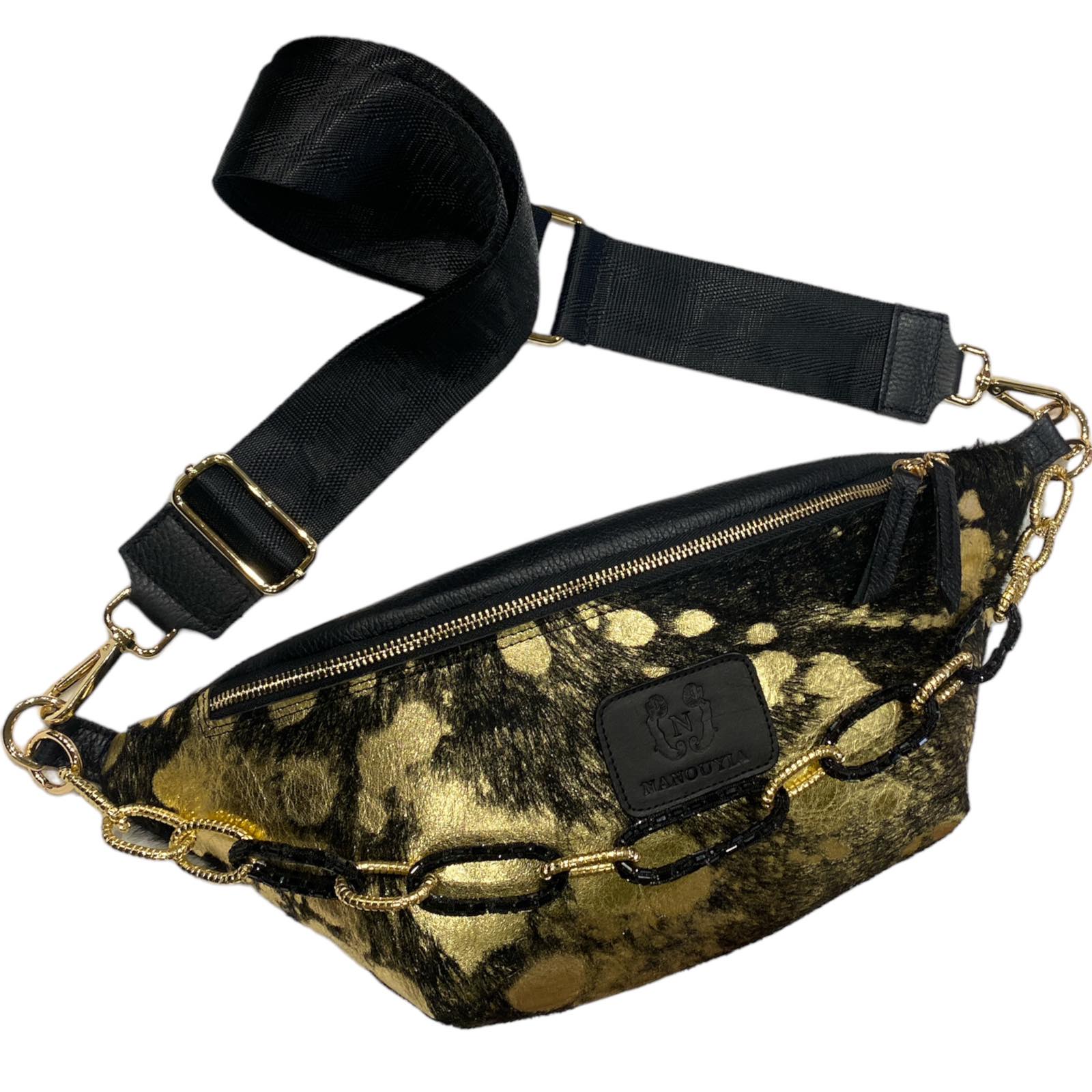 XL black and gold vintage calf-hair leather belt bag