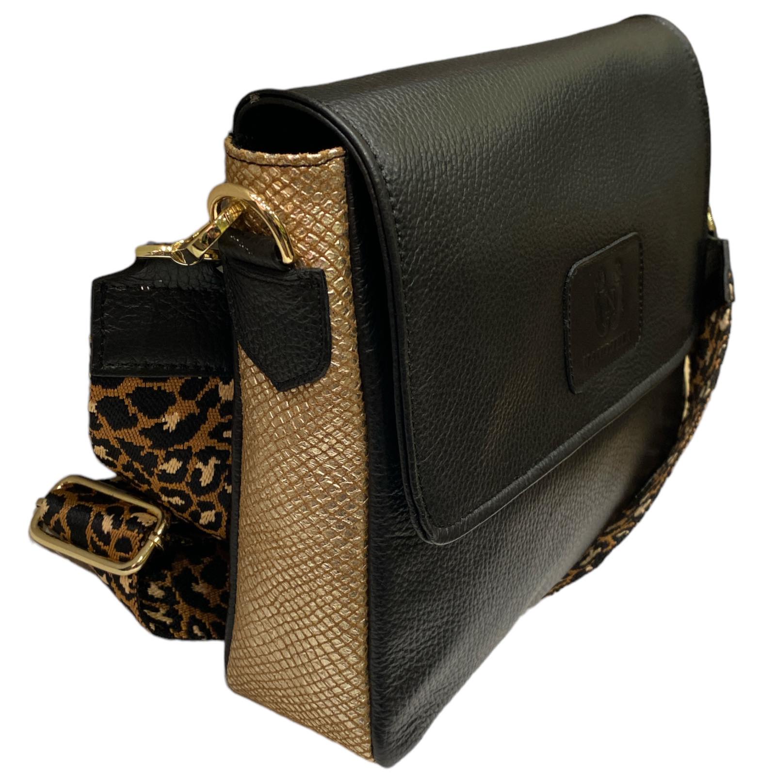 MANDY. BLACK LEATHER WITH GOLD SIDES STATEMENT BAG