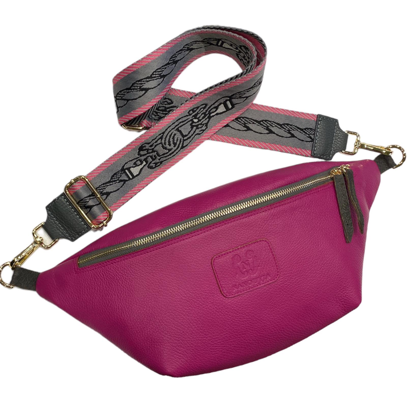 XL strong pink leather belt bag with grey details