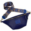 Royal blue alligator-print leather belt bag with bees strap