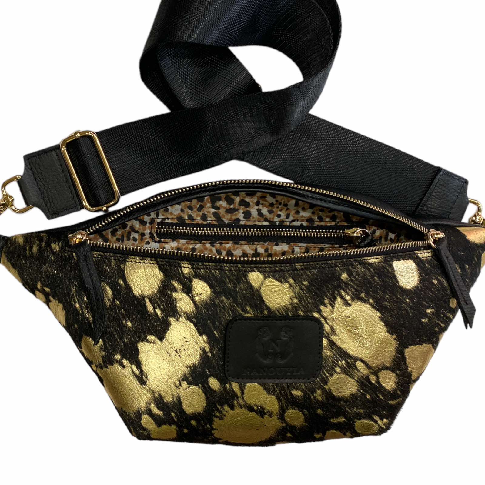Black and gold vintage calf-hair leather belt bag