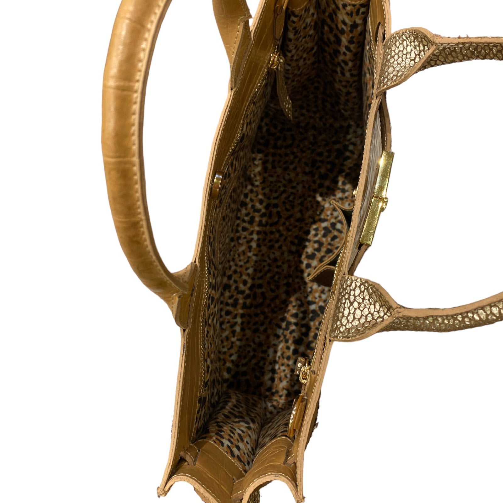 Greta L. Camel alligator-print leather tote bag