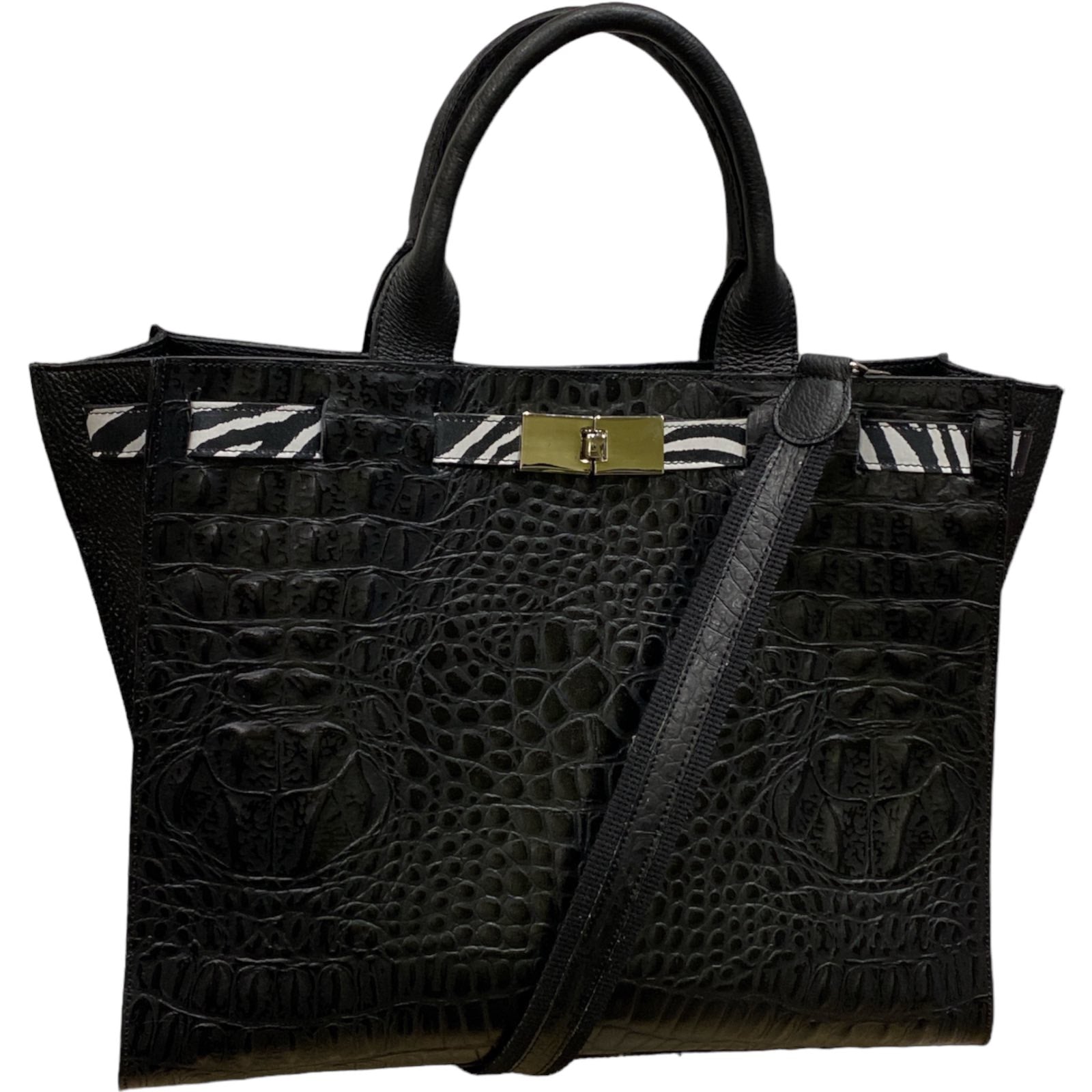 Greta L. Black alligator-print leather tote bag