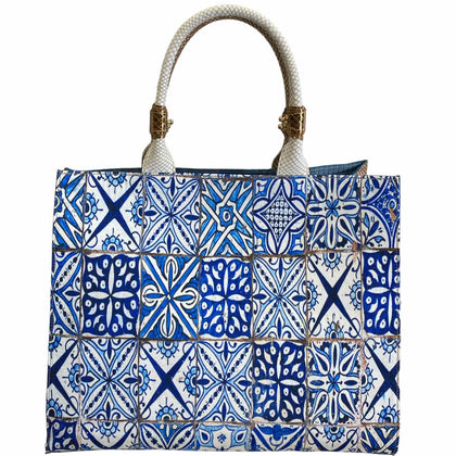Felice. Blue art double face leather tote bag