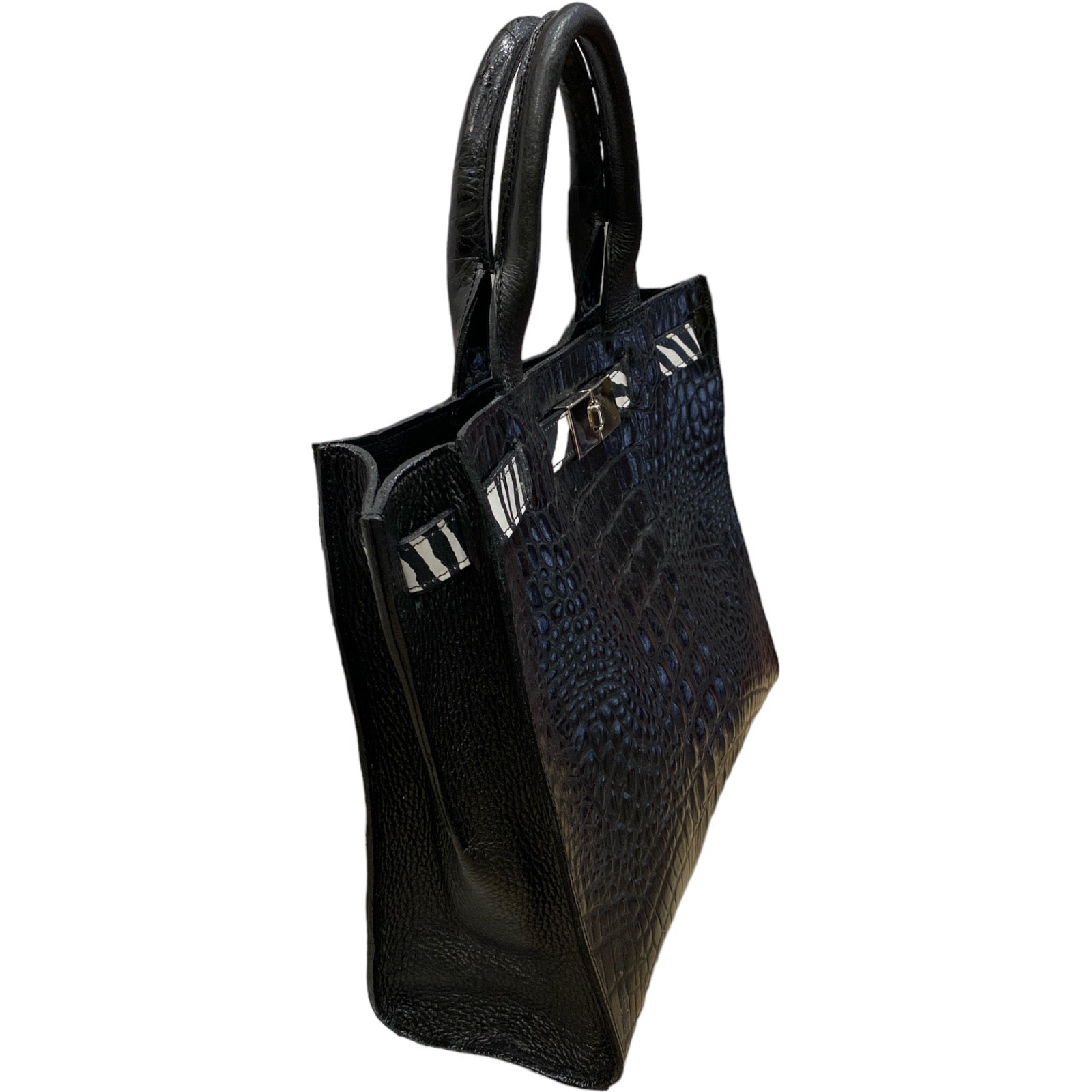 Greta M. Black alligator-print leather tote bag