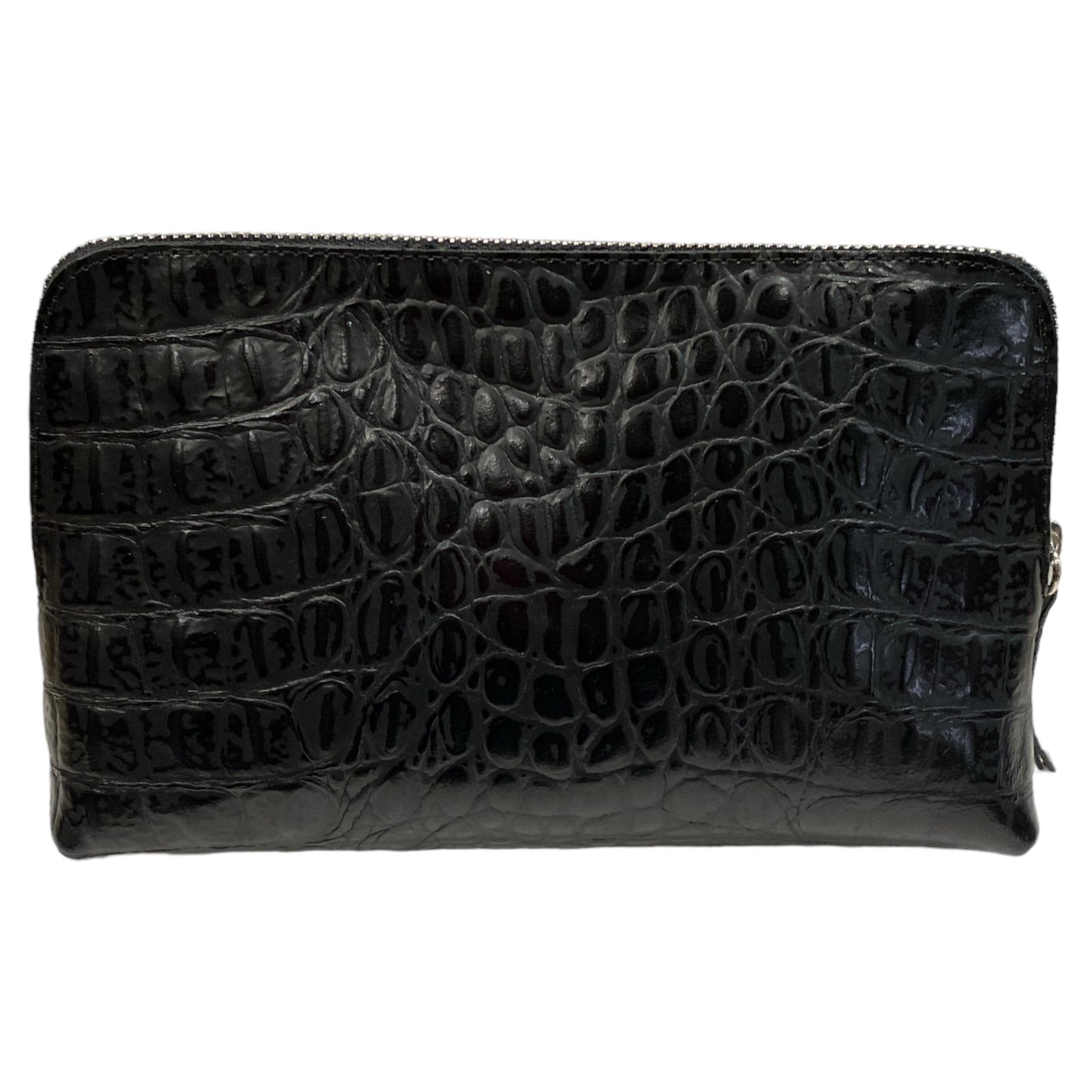 Box XL. Black alligator-print leather messenger bag with silver metals