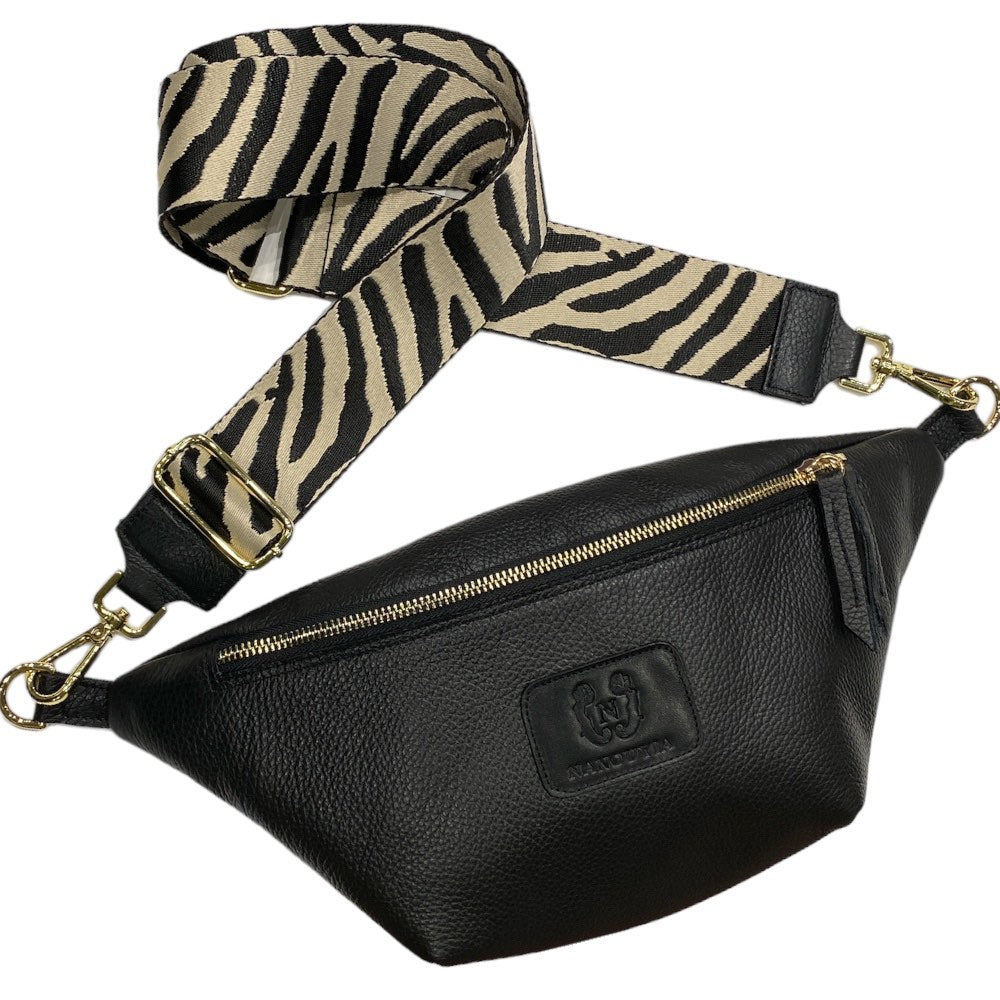 REGURAL.BLACK SOFT LEATHER BELT BAG WITH ZEBRA-STRAP