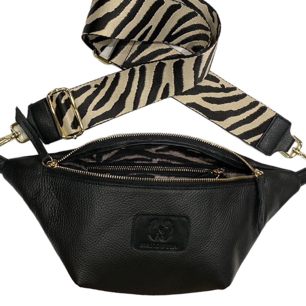 REGURAL.BLACK SOFT LEATHER BELT BAG WITH ZEBRA-STRAP