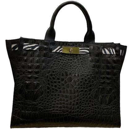 Greta L. Black alligator-print leather tote bag