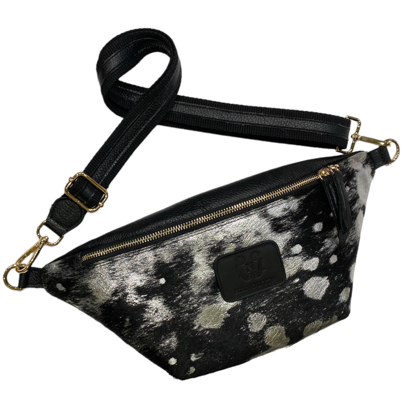 Black and silver vintage calf-hair leather belt bag
