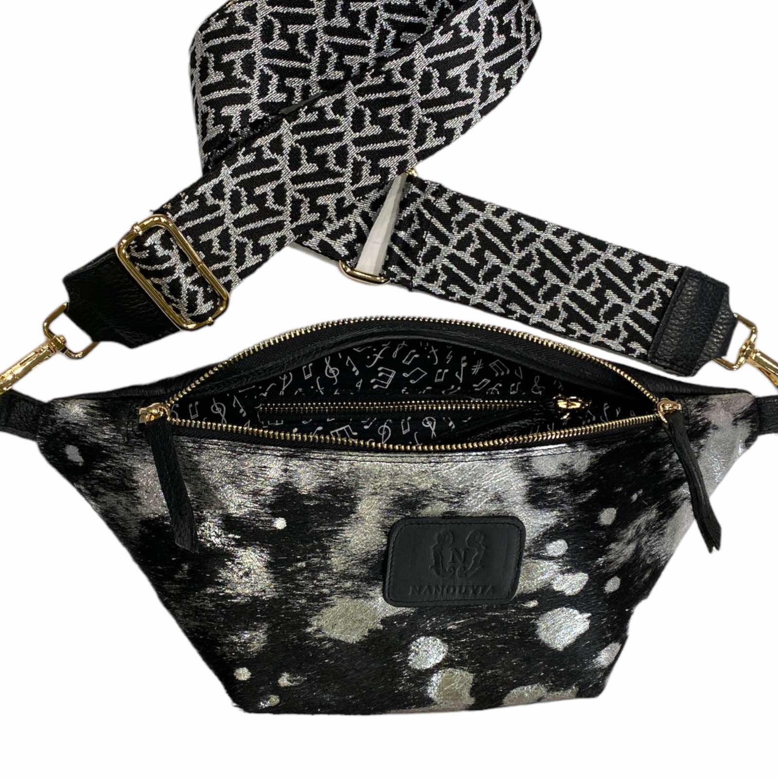 Black and silver vintage calf-hair leather belt bag