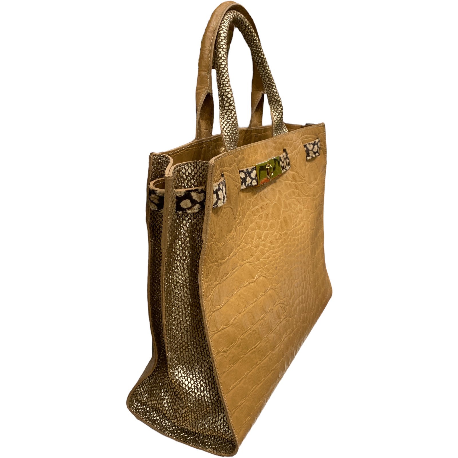 Greta L. Camel alligator-print leather tote bag