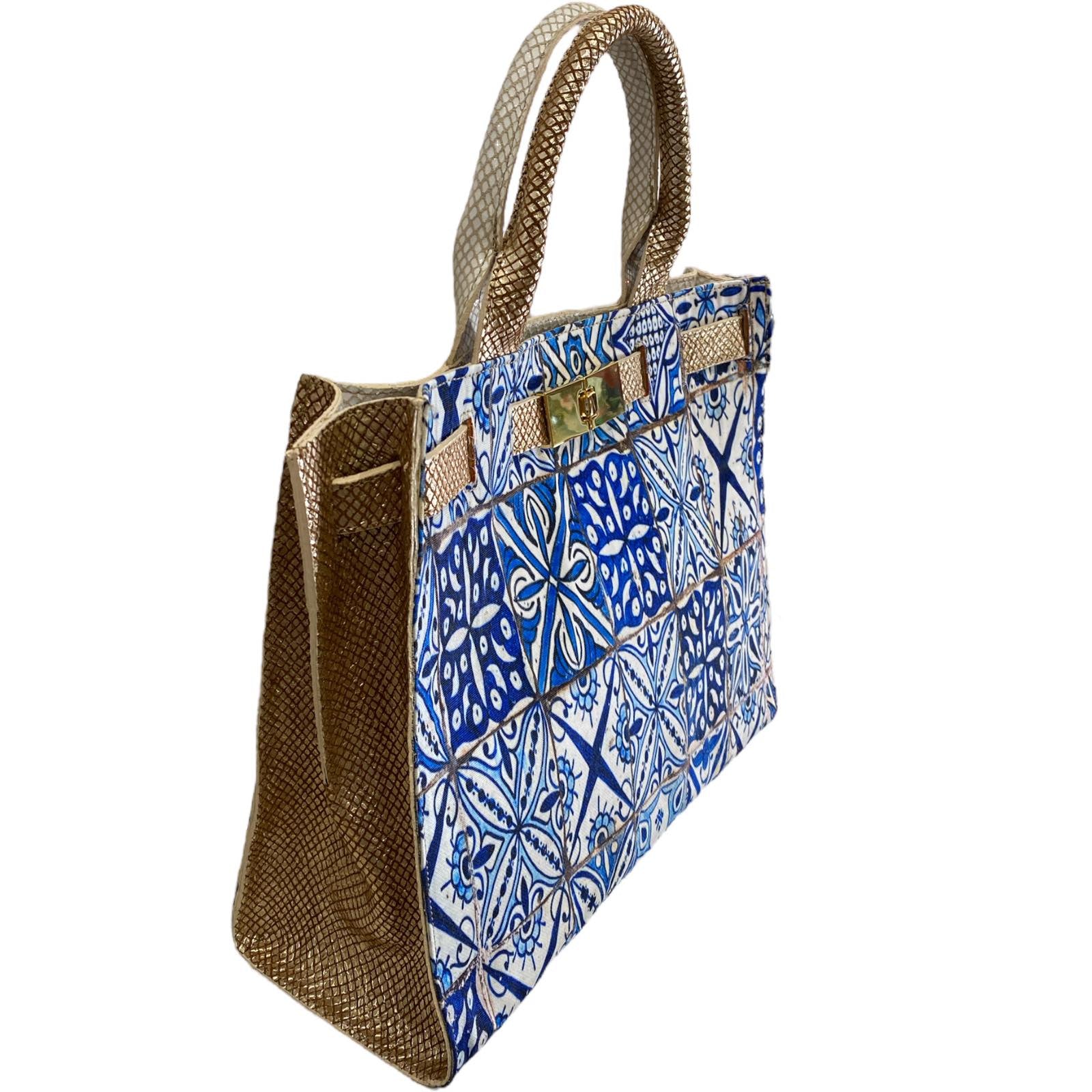 Greta M. Blue art and white mermaid leather tote bag