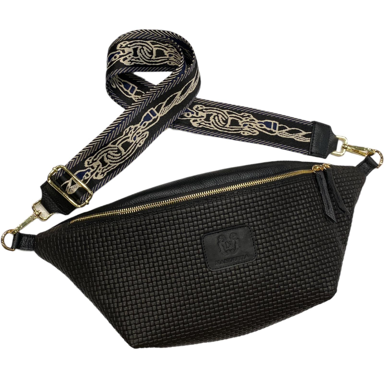 XXL BLACK WOVEN-PRINT LEATHER BELT BAG