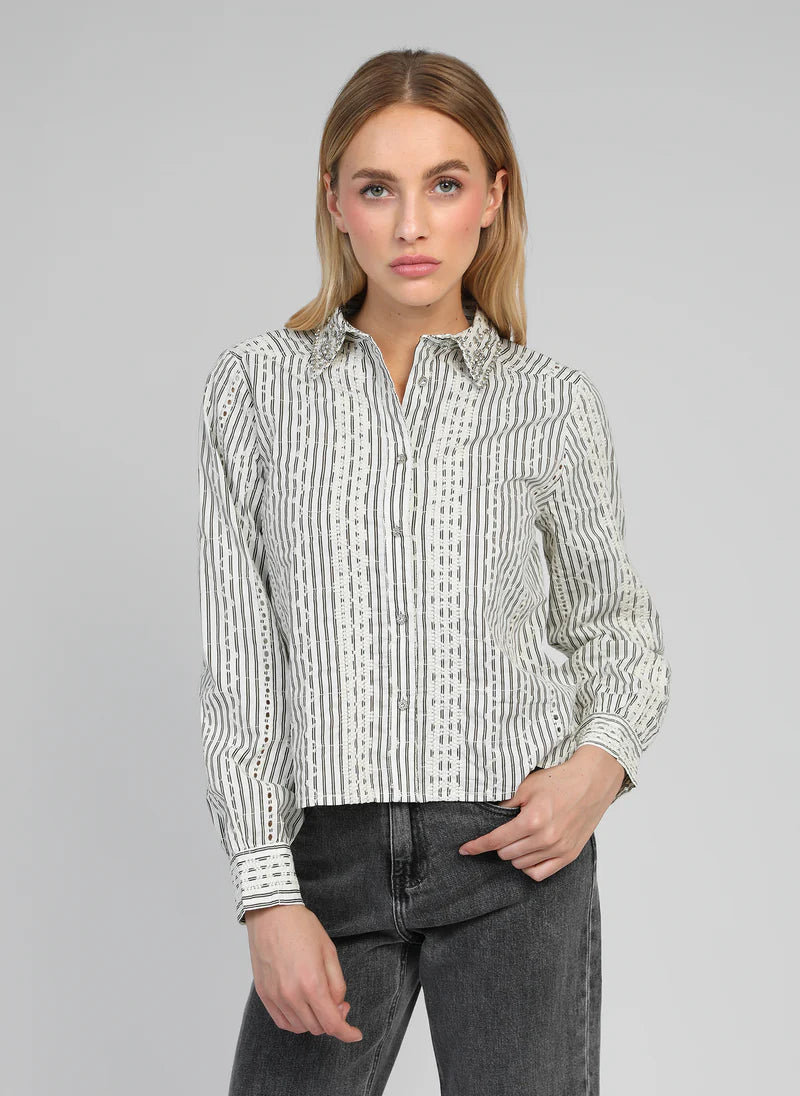 CRYSTAL NECK DETAILS LUXURY SHIRT