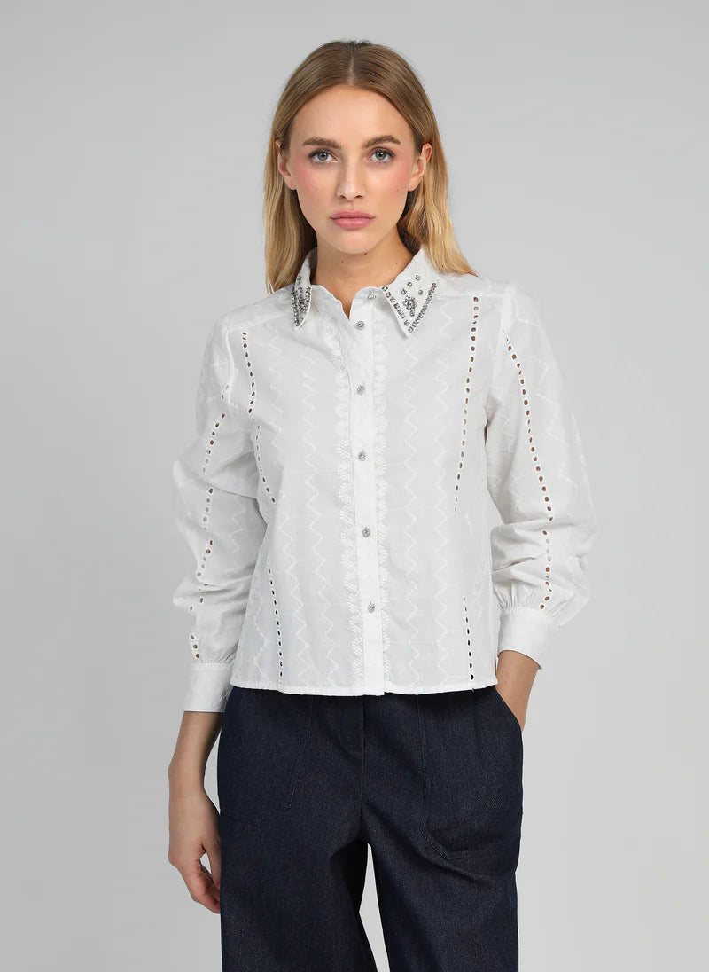 CRYSTAL NECK DETAILS LUXURY WHITE SHIRT