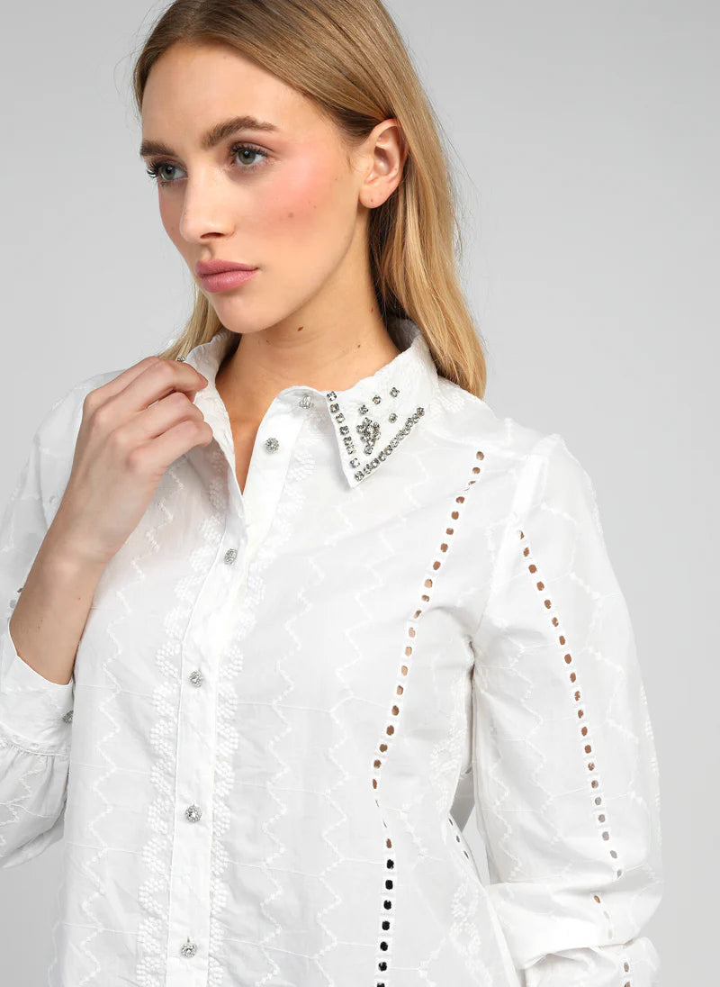 CRYSTAL NECK DETAILS LUXURY WHITE SHIRT