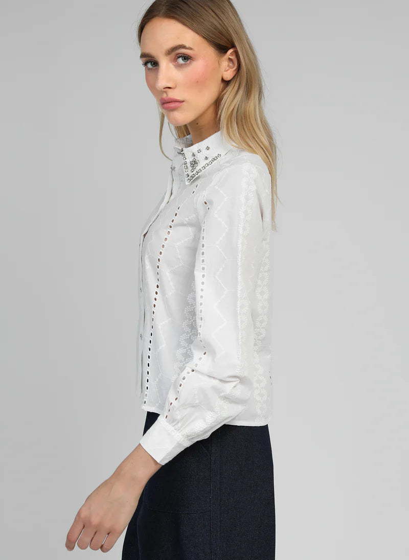 CRYSTAL NECK DETAILS LUXURY WHITE SHIRT