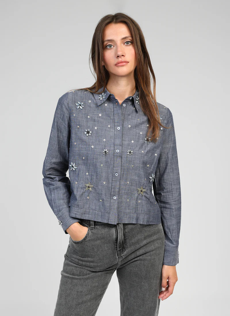 CRYSTAL NECK DETAILS DENIM LUXURY SHIRT