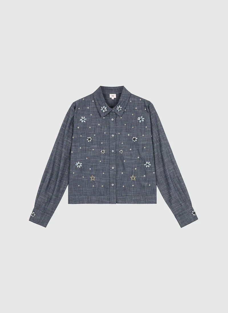 CRYSTAL NECK DETAILS DENIM LUXURY SHIRT