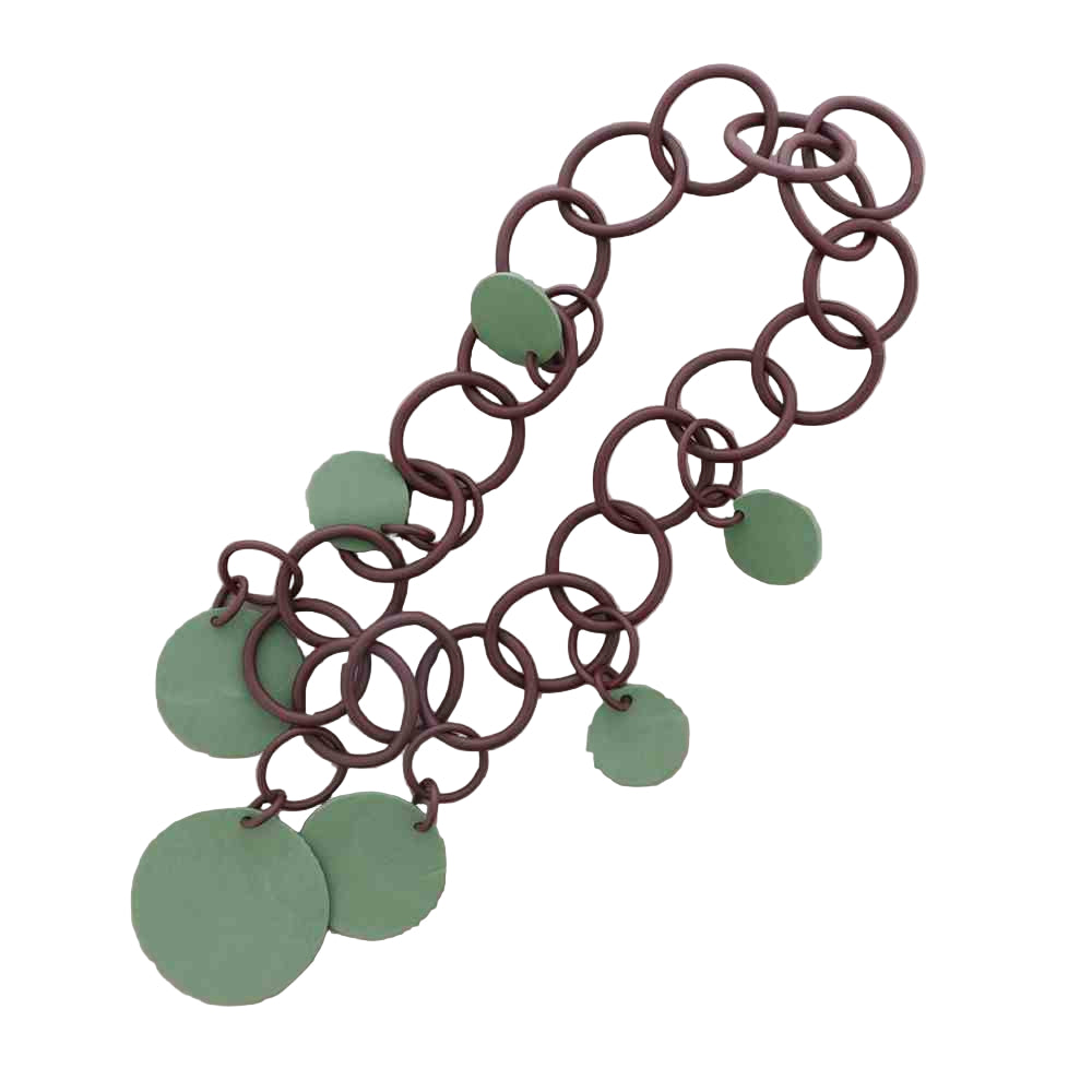 GREEN AND BROWN ART CYRCLES LONG NECKLACE