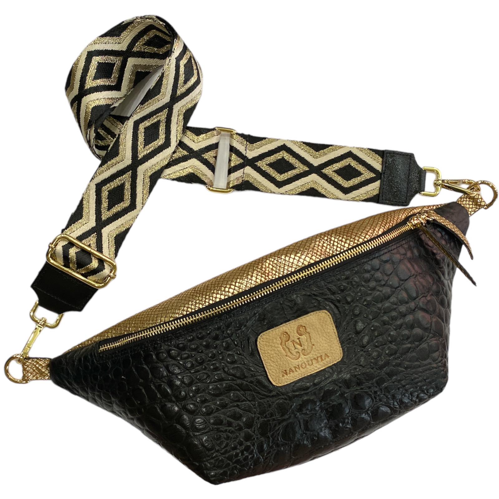 XL BLACK 3D-PRINT WITH GOLD LEATHER BAG.