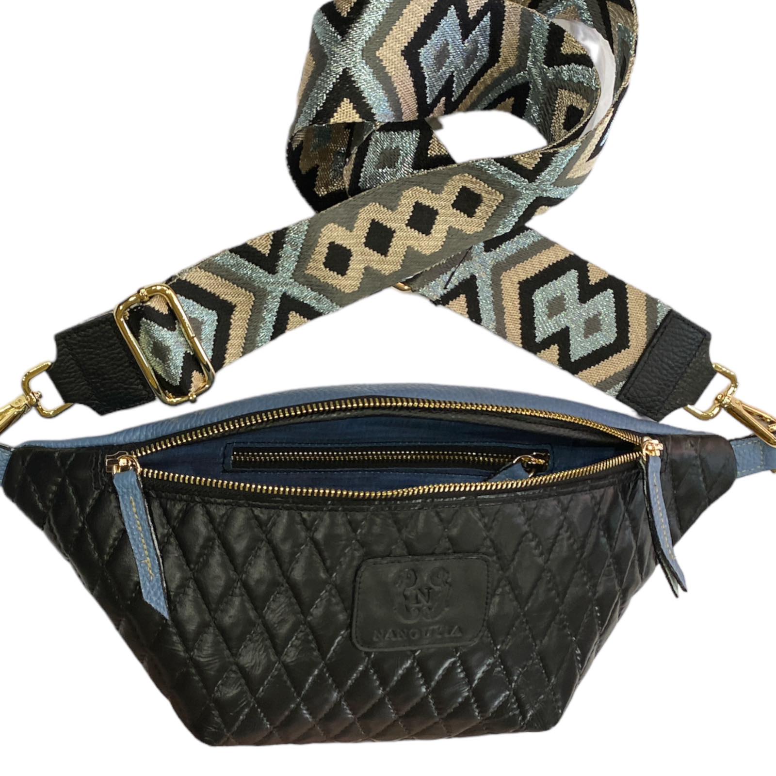 REGURAL. BLACK QUILTED WITH RAF LEATHER BELT BAG