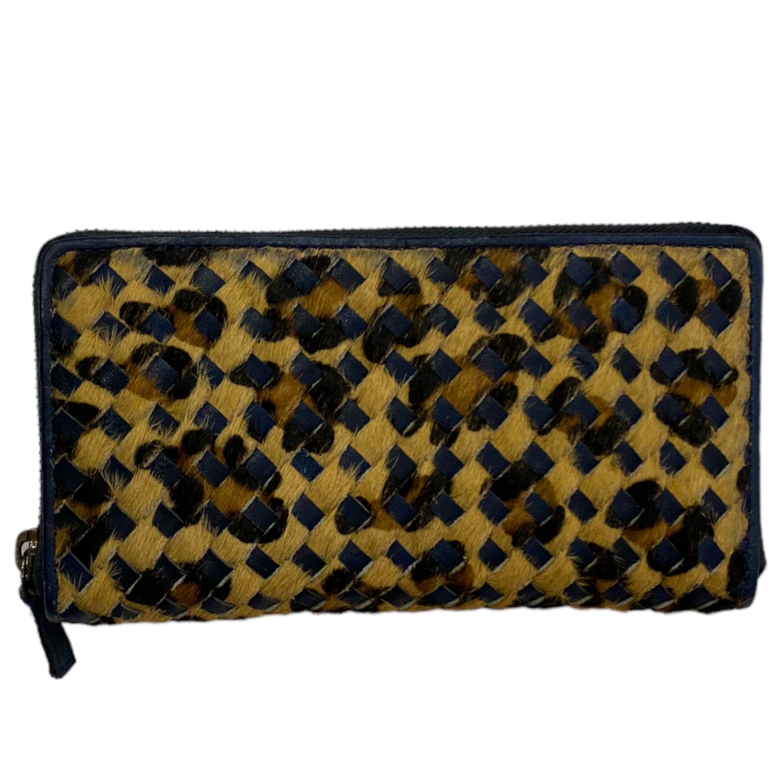 NAVY ART HANDWOVEN LEATHER ZIP AROUND WALLET