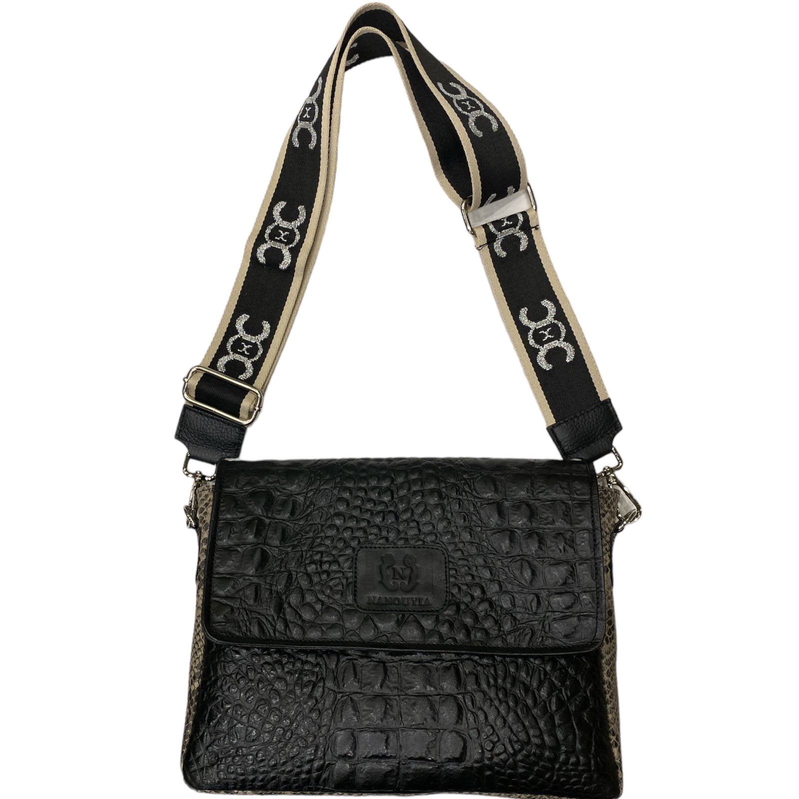 MANDY. BLACK LEATHER WITH SNAKE - PRINT SIDES STATEMENT BAG