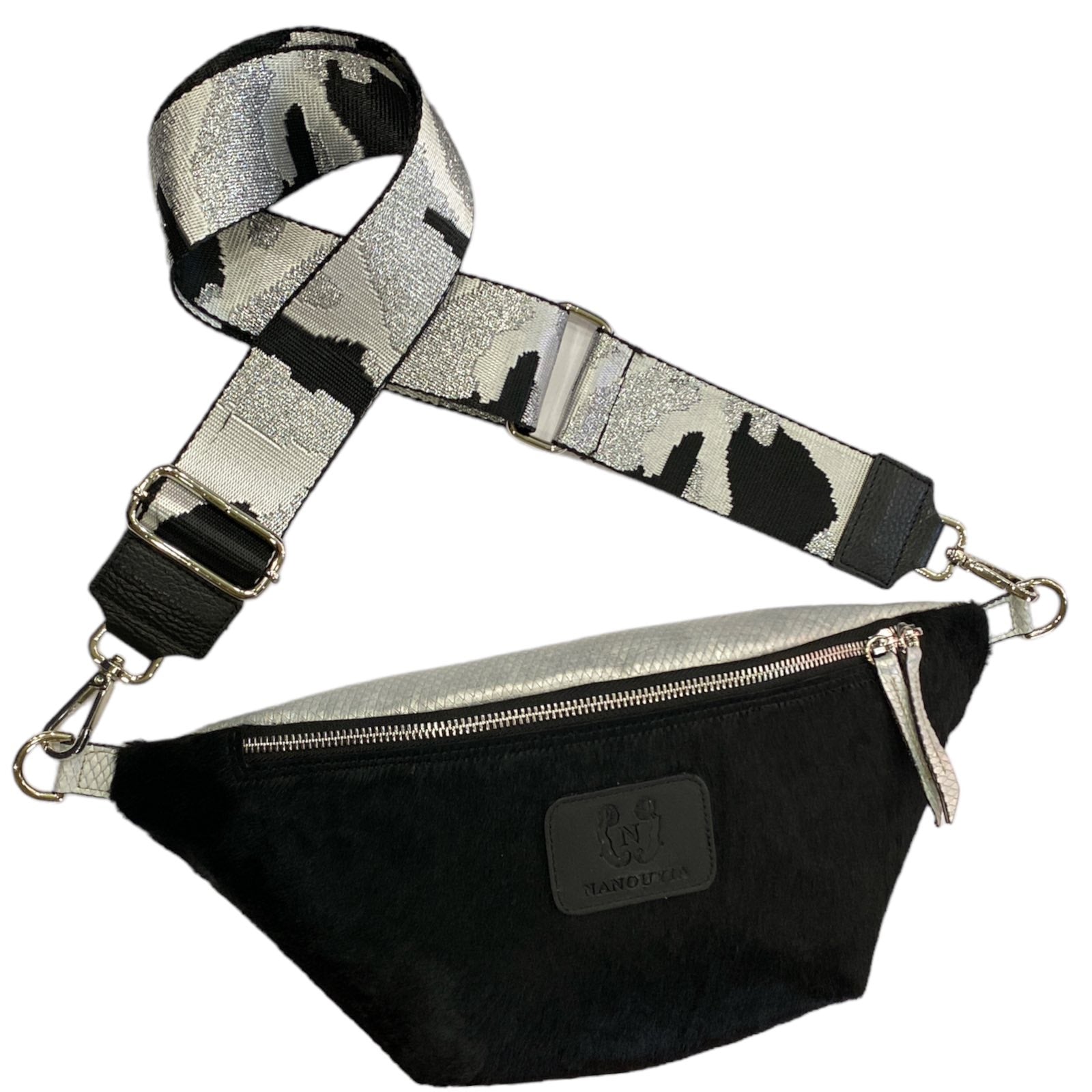 REGURAL. BLACK "PONY" LEATHER WITH SILVER DETAILS BELT BAG