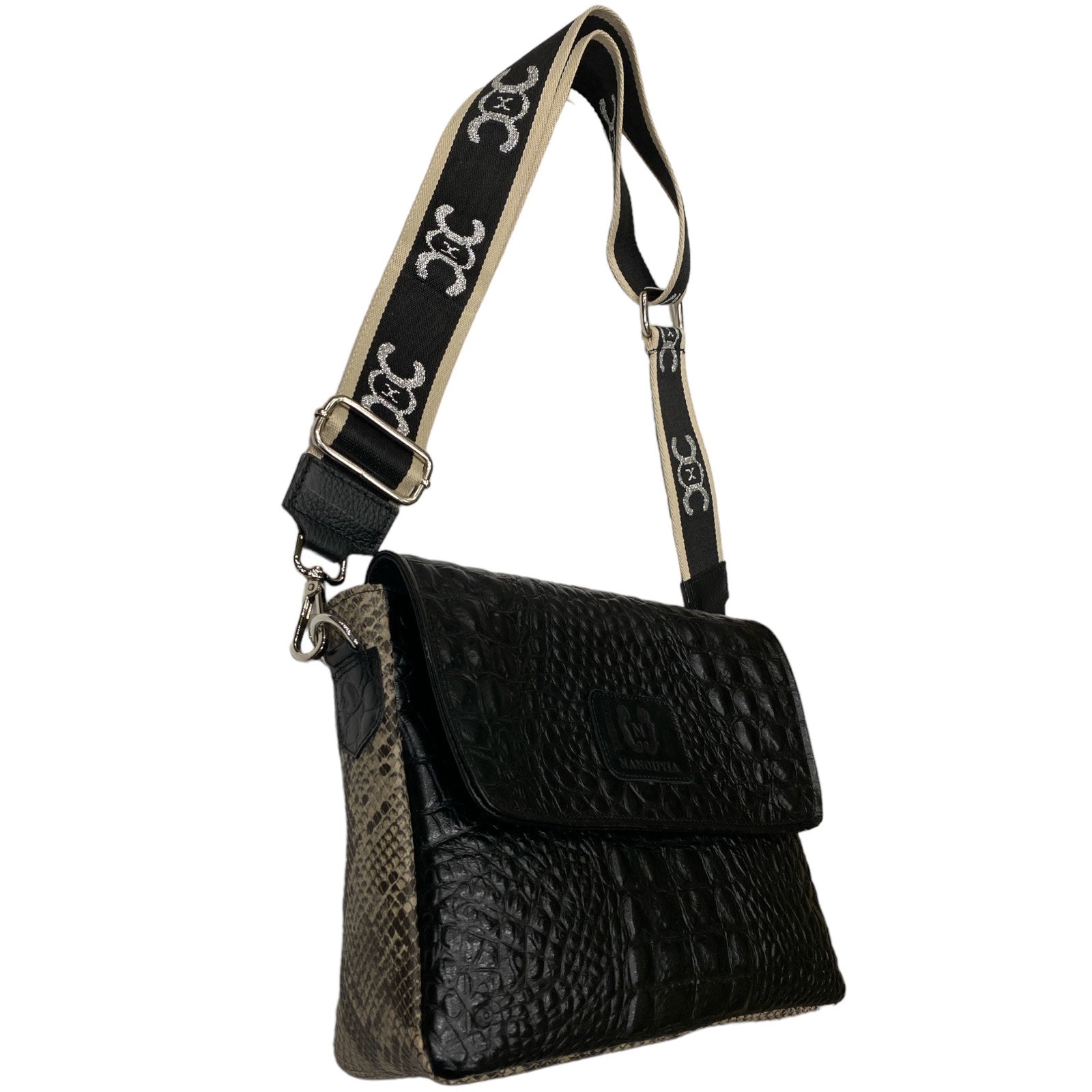 MANDY. BLACK LEATHER WITH SNAKE - PRINT SIDES STATEMENT BAG