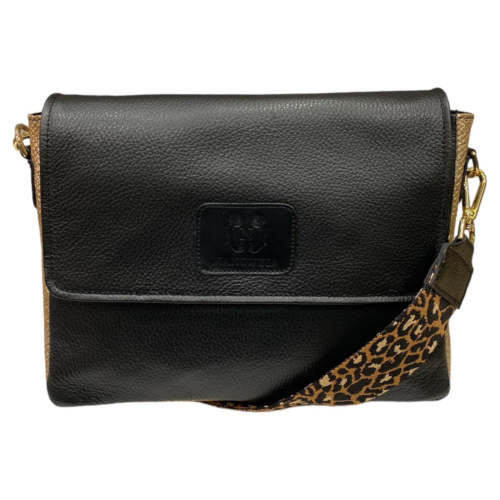 MANDY. BLACK LEATHER WITH GOLD SIDES STATEMENT BAG