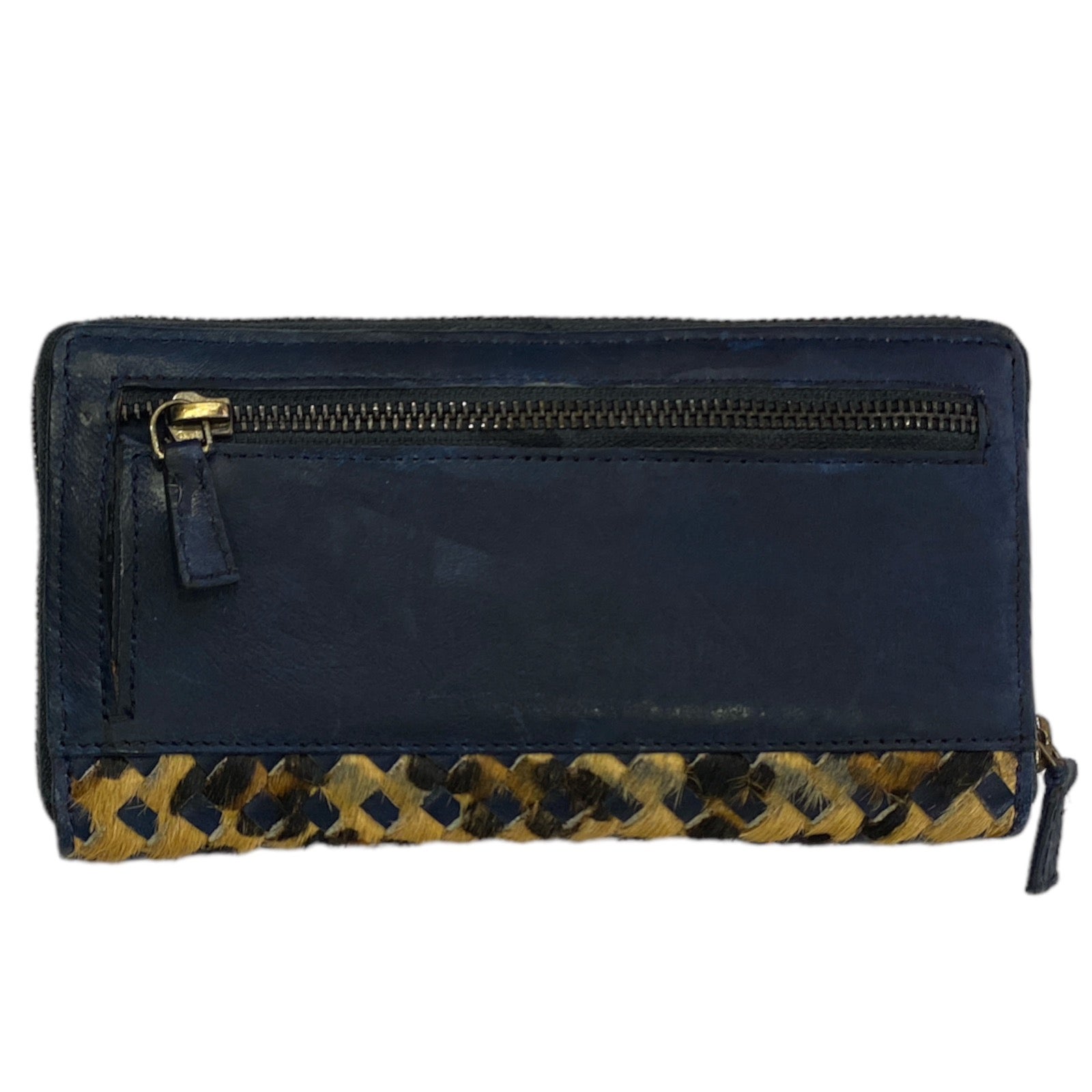 NAVY ART HANDWOVEN LEATHER ZIP AROUND WALLET