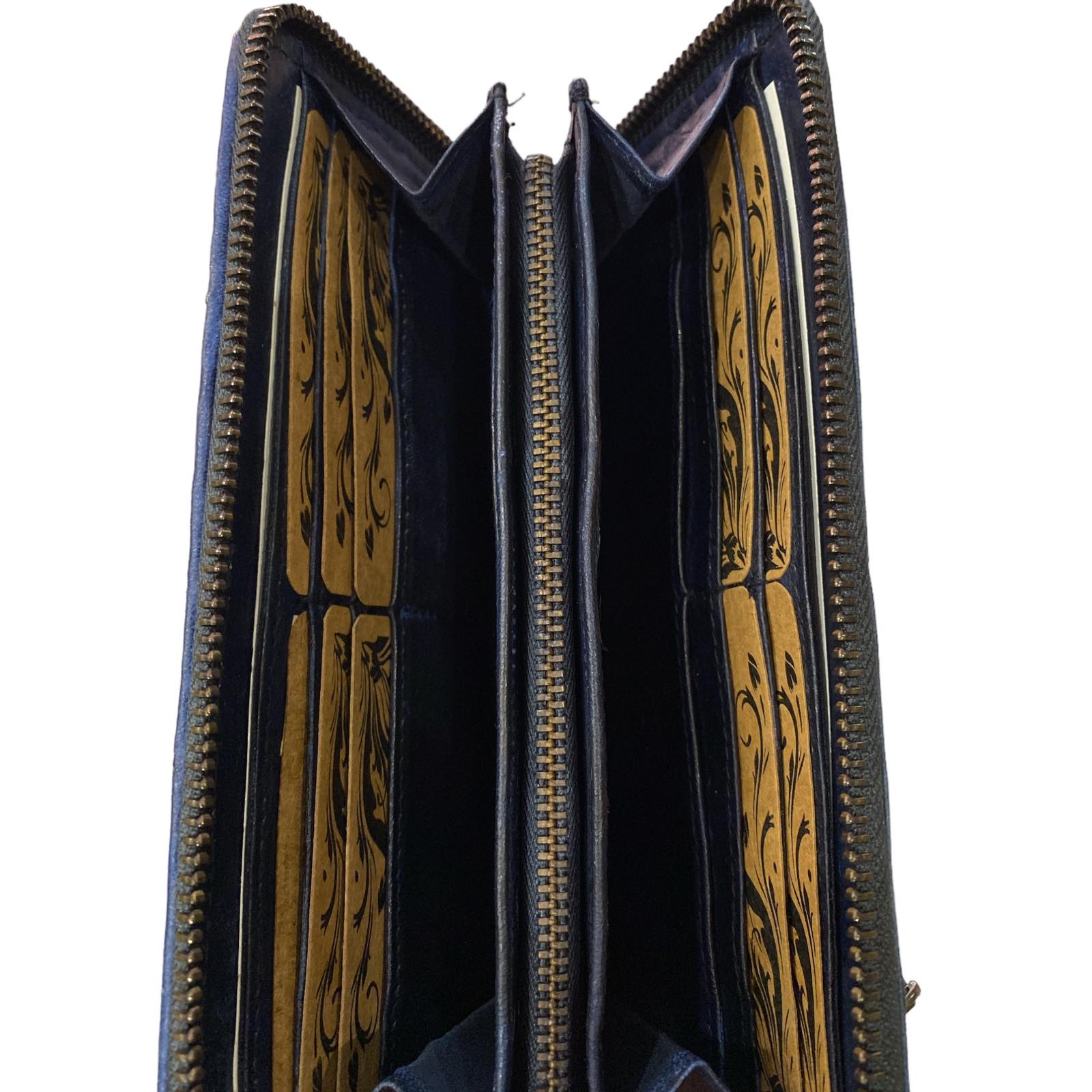NAVY ART HANDWOVEN LEATHER ZIP AROUND WALLET